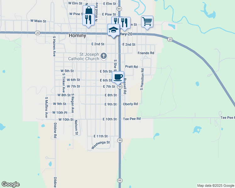 map of restaurants, bars, coffee shops, grocery stores, and more near 829 South Eastern Avenue in Hominy