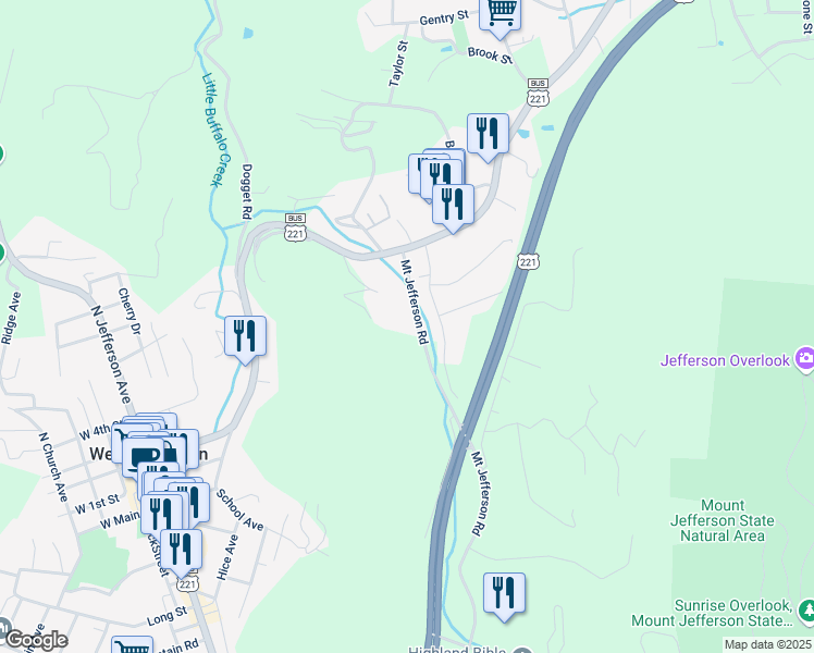 map of restaurants, bars, coffee shops, grocery stores, and more near 260 Mount Jefferson Road in West Jefferson