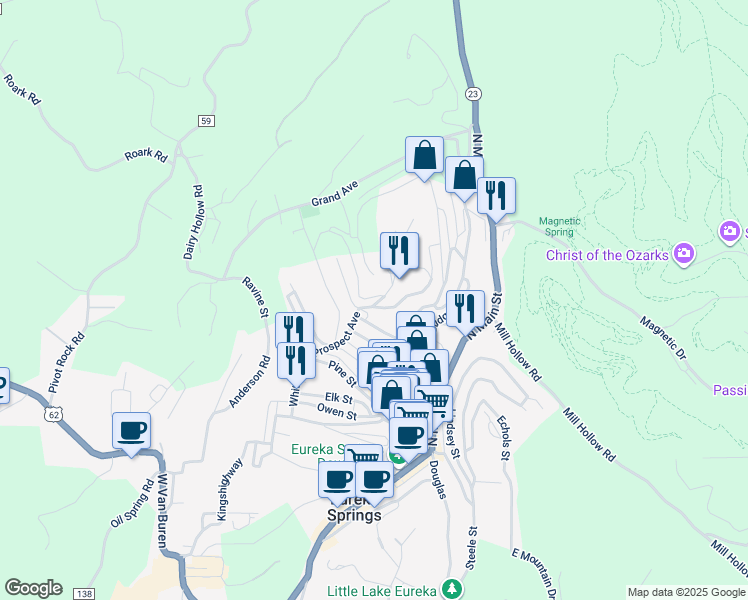map of restaurants, bars, coffee shops, grocery stores, and more near 44 Prospect Avenue in Eureka Springs
