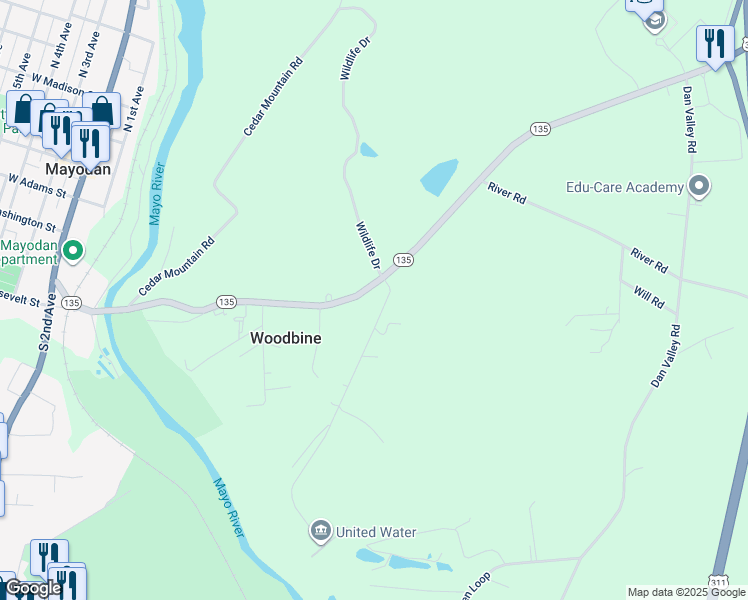 map of restaurants, bars, coffee shops, grocery stores, and more near 7378 North Carolina 135 in Mayodan
