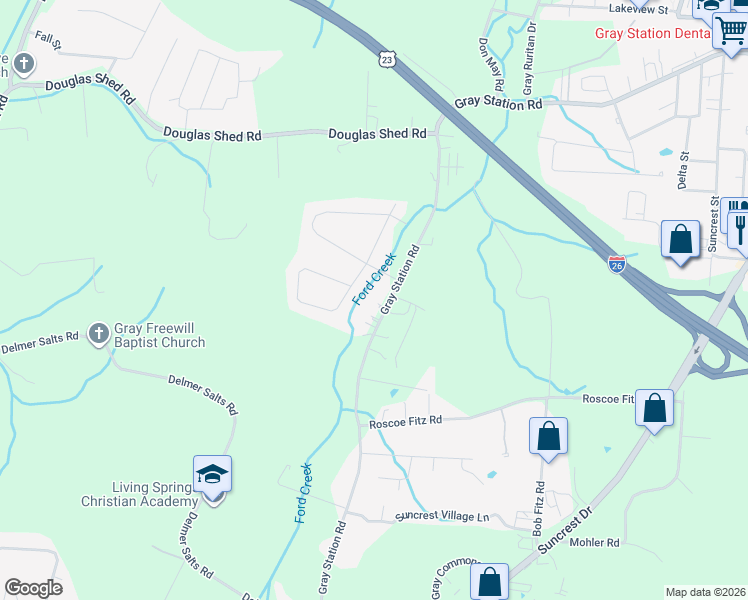 map of restaurants, bars, coffee shops, grocery stores, and more near 1063 Gray Station Road in Gray