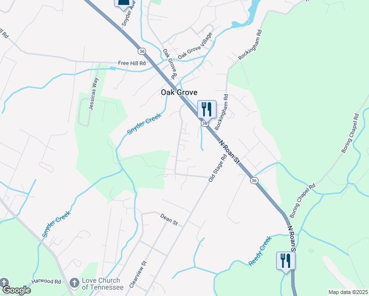 map of restaurants, bars, coffee shops, grocery stores, and more near 1243 Cora Lane in Johnson City