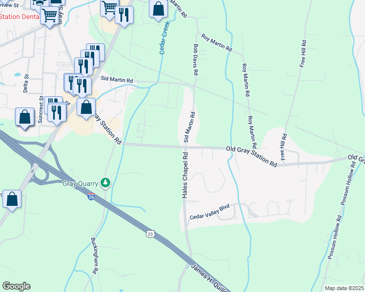 map of restaurants, bars, coffee shops, grocery stores, and more near 40 Sid Martin Road in Johnson City