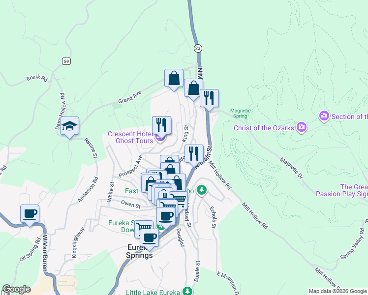 map of restaurants, bars, coffee shops, grocery stores, and more near 12 Bridge Street in Eureka Springs