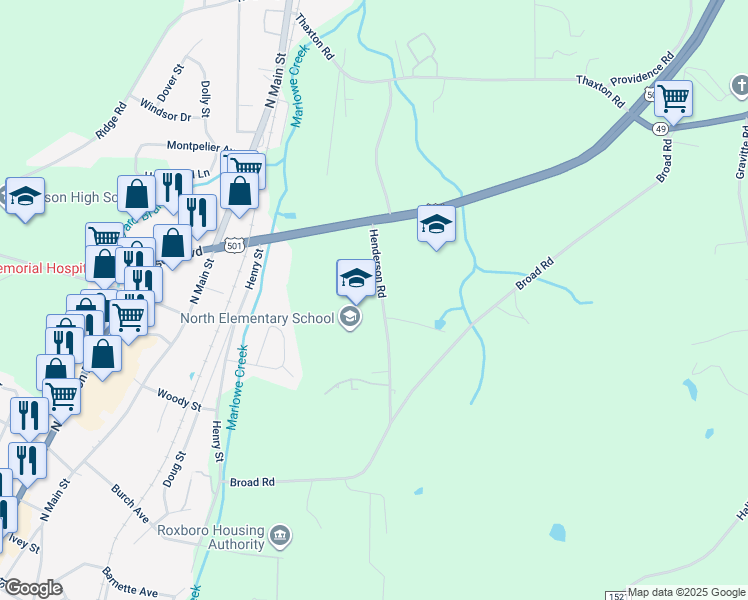 map of restaurants, bars, coffee shops, grocery stores, and more near 190 Henderson Road in Roxboro