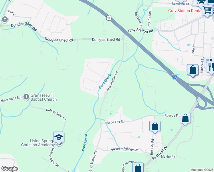 map of restaurants, bars, coffee shops, grocery stores, and more near 1063 Gray Station Road in Gray