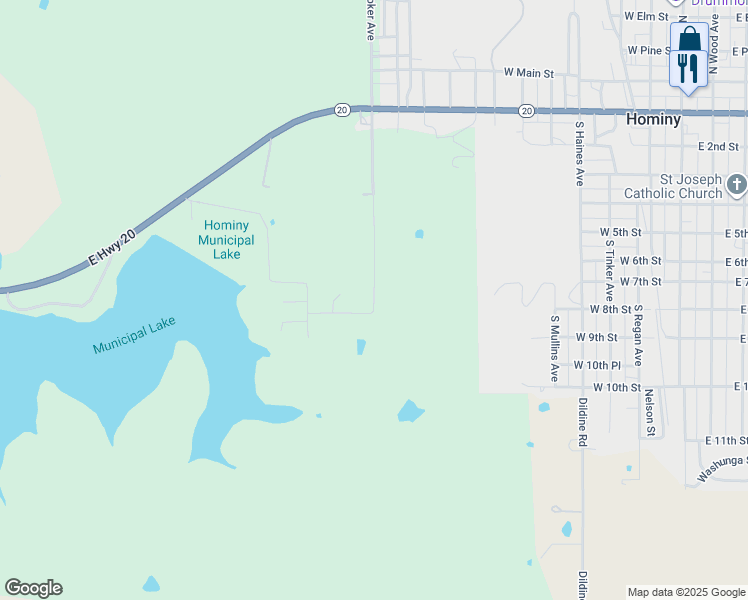 map of restaurants, bars, coffee shops, grocery stores, and more near 640 Hilltop in Hominy