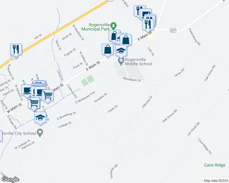 map of restaurants, bars, coffee shops, grocery stores, and more near 801 Douglas Drive in Rogersville