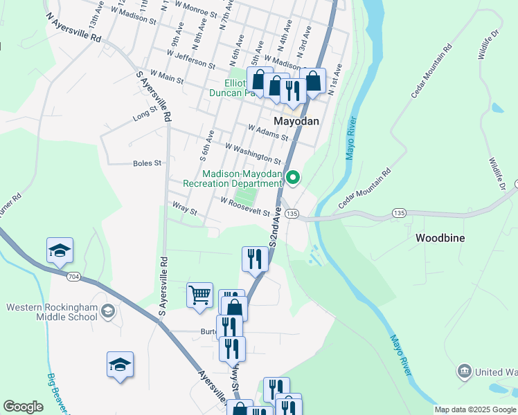 map of restaurants, bars, coffee shops, grocery stores, and more near 103 W Roosevelt St in Mayodan