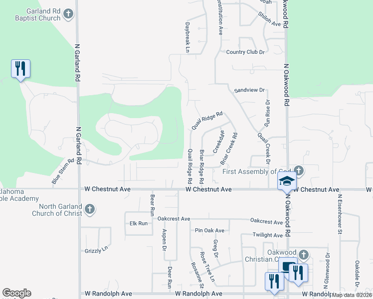 map of restaurants, bars, coffee shops, grocery stores, and more near 1102 Quail Ridge Road in Enid