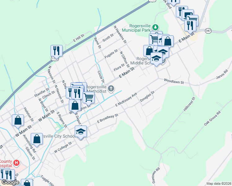 map of restaurants, bars, coffee shops, grocery stores, and more near 113 Colonial Road in Rogersville