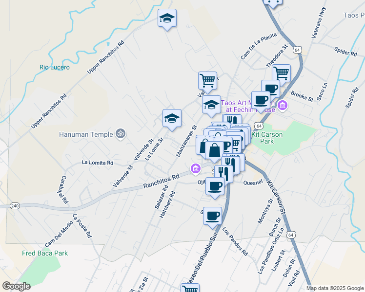 map of restaurants, bars, coffee shops, grocery stores, and more near 305 Don Fernando Street in Taos