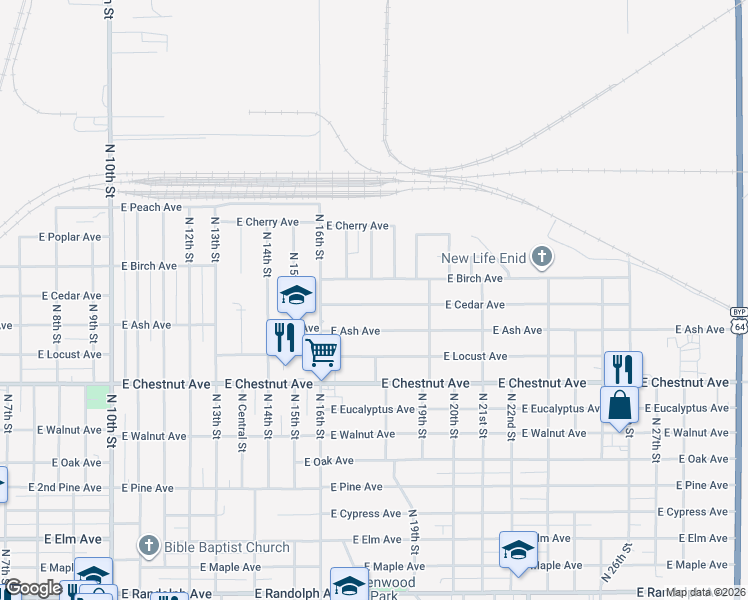 map of restaurants, bars, coffee shops, grocery stores, and more near 1722 East Cedar Avenue in Enid