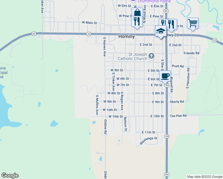 map of restaurants, bars, coffee shops, grocery stores, and more near 811 South Tinker Avenue in Hominy