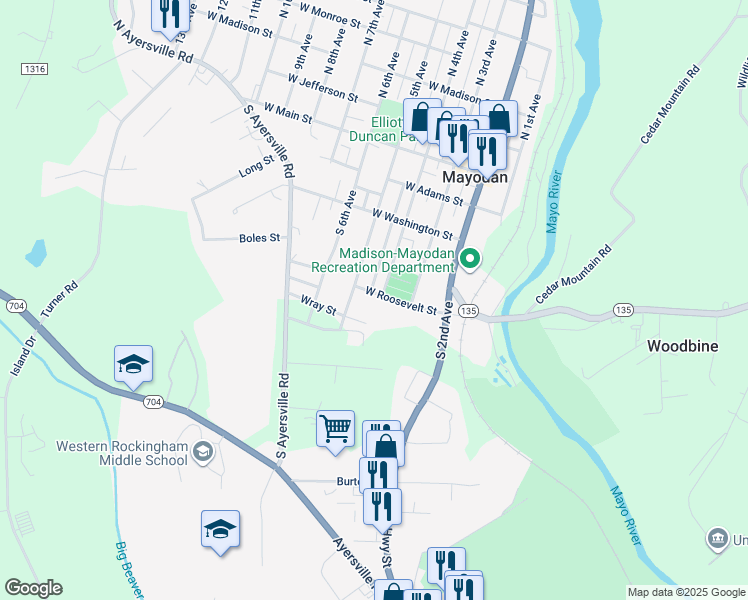 map of restaurants, bars, coffee shops, grocery stores, and more near 300 West Roosevelt Street in Mayodan