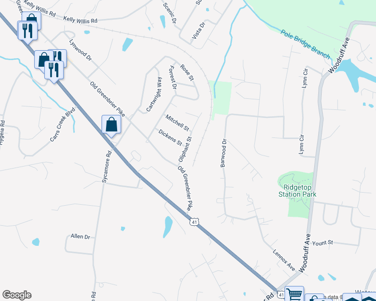 map of restaurants, bars, coffee shops, grocery stores, and more near 107 Oliphant Street in Greenbrier