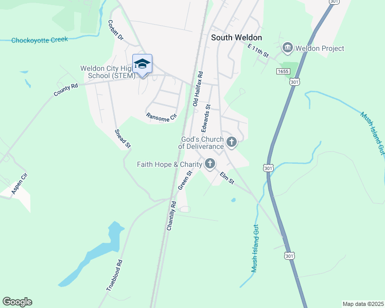 map of restaurants, bars, coffee shops, grocery stores, and more near 1346 Old Halifax Road in Weldon