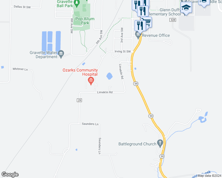 map of restaurants, bars, coffee shops, grocery stores, and more near 1878 Limekiln Road in Gravette