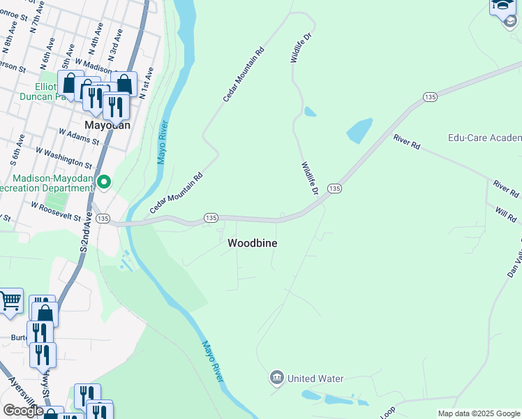 map of restaurants, bars, coffee shops, grocery stores, and more near 7473 North Carolina 135 in Mayodan