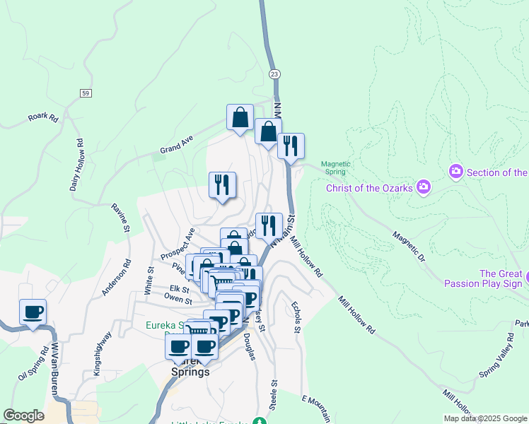 map of restaurants, bars, coffee shops, grocery stores, and more near 12 Bridge Street in Eureka Springs