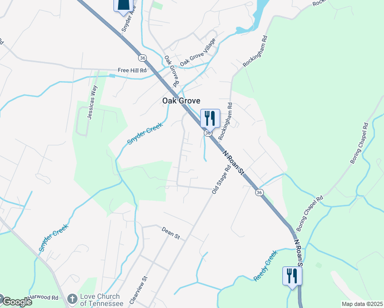 map of restaurants, bars, coffee shops, grocery stores, and more near 1243 Cora Lane in Johnson City
