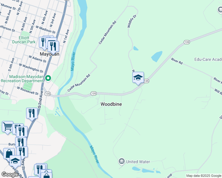 map of restaurants, bars, coffee shops, grocery stores, and more near 7473 North Carolina 135 in Mayodan