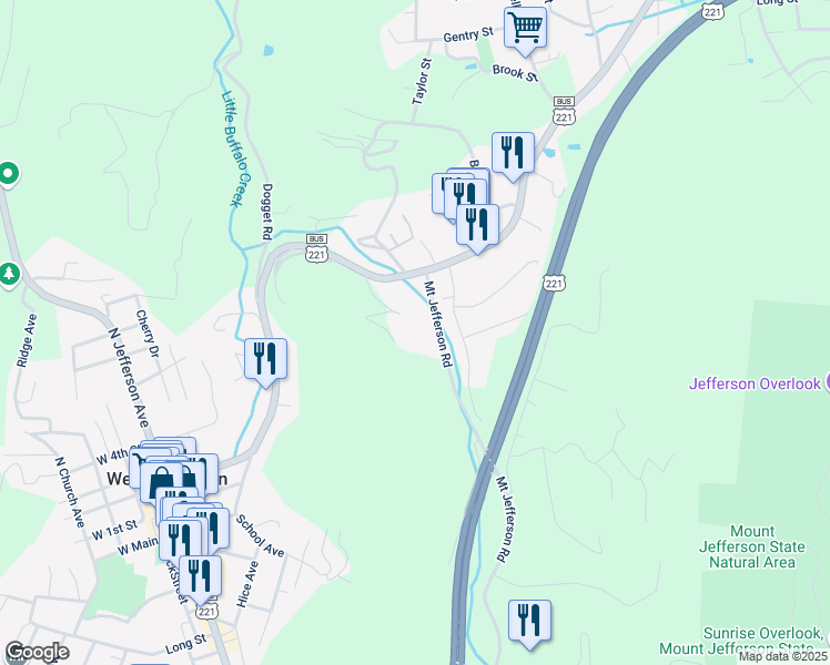 map of restaurants, bars, coffee shops, grocery stores, and more near 260 Mount Jefferson Road in West Jefferson