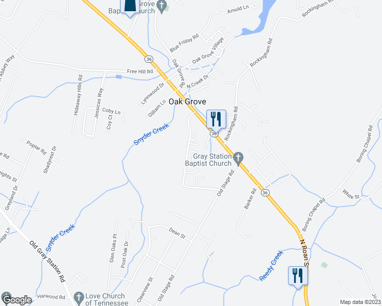 map of restaurants, bars, coffee shops, grocery stores, and more near 1258 Cora Lane in Johnson City