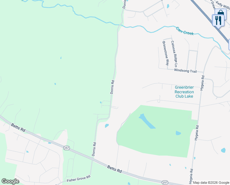 map of restaurants, bars, coffee shops, grocery stores, and more near 2015 Dorris Road in Greenbrier