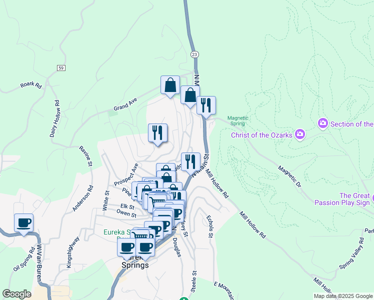 map of restaurants, bars, coffee shops, grocery stores, and more near 12 Bridge Street in Eureka Springs