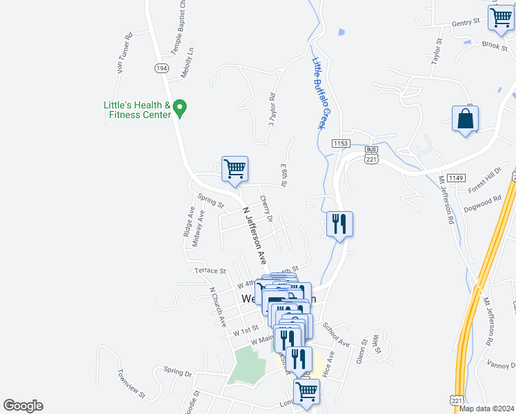 map of restaurants, bars, coffee shops, grocery stores, and more near 10 East 7th Street in West Jefferson