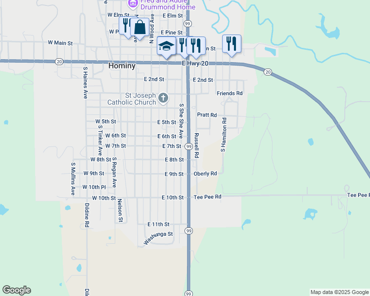 map of restaurants, bars, coffee shops, grocery stores, and more near 829 South Eastern Avenue in Hominy