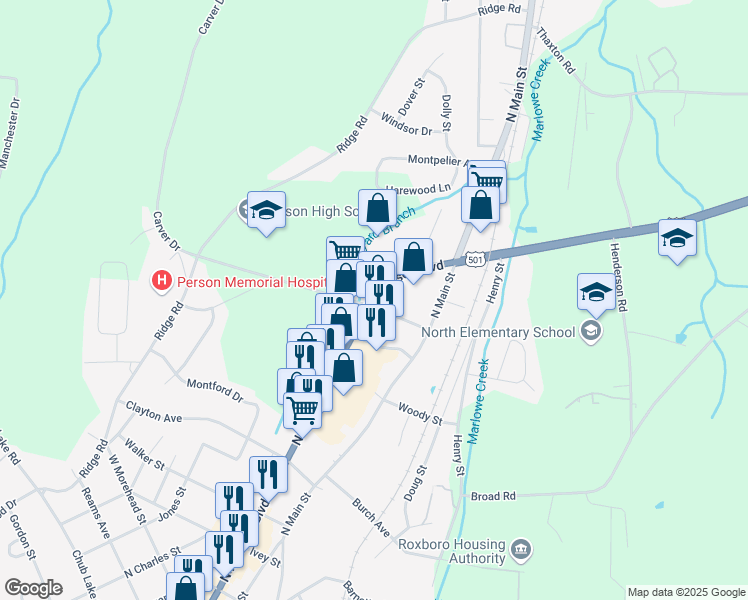 map of restaurants, bars, coffee shops, grocery stores, and more near 1005 North Madison Boulevard in Roxboro