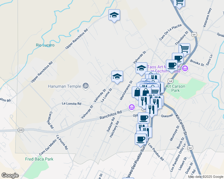 map of restaurants, bars, coffee shops, grocery stores, and more near La Loma St in Taos