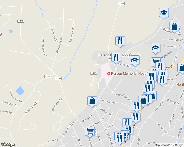 map of restaurants, bars, coffee shops, grocery stores, and more near 384 Tanglewood Circle in Roxboro