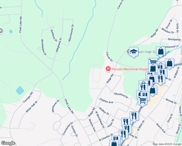 map of restaurants, bars, coffee shops, grocery stores, and more near 384 Tanglewood Circle in Roxboro