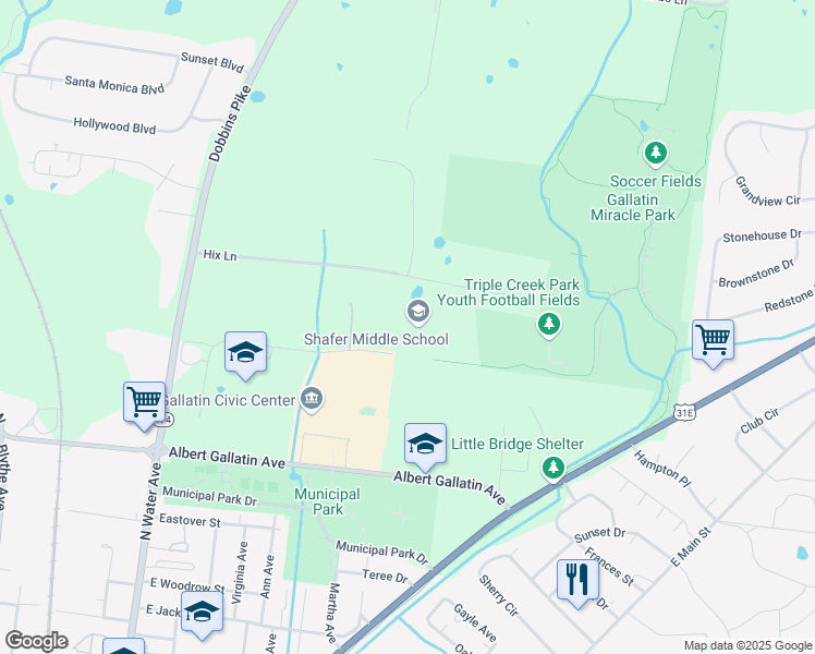 map of restaurants, bars, coffee shops, grocery stores, and more near 240 Albert Gallatin Avenue in Gallatin
