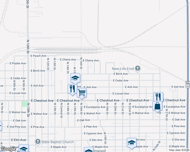 map of restaurants, bars, coffee shops, grocery stores, and more near 1722 East Cedar Avenue in Enid