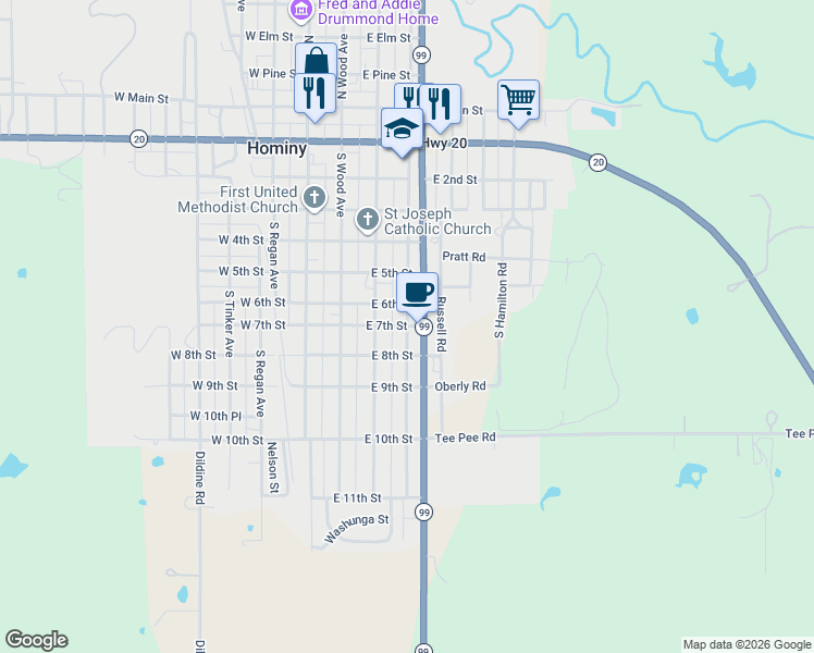 map of restaurants, bars, coffee shops, grocery stores, and more near 398 East 7th Street in Hominy