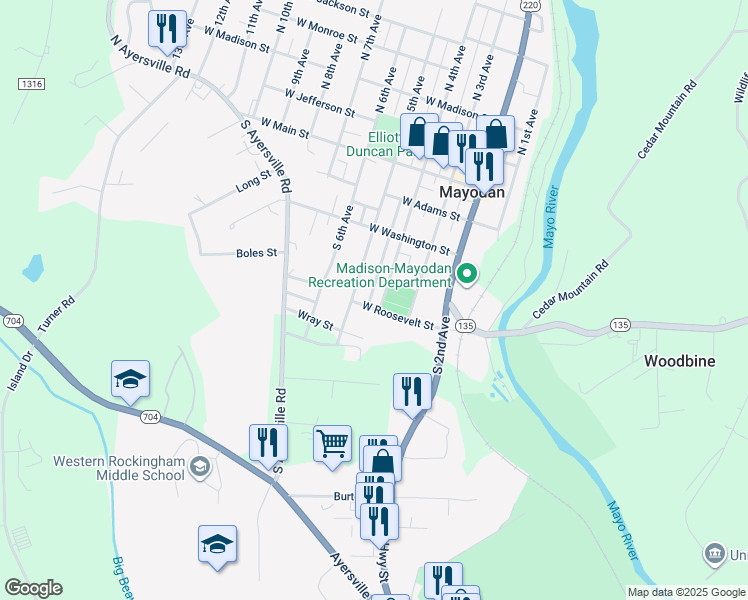 map of restaurants, bars, coffee shops, grocery stores, and more near 300 West Roosevelt Street in Mayodan