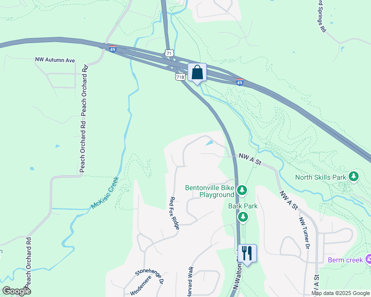 map of restaurants, bars, coffee shops, grocery stores, and more near 3211 Cardinal Creek Circle in Bentonville