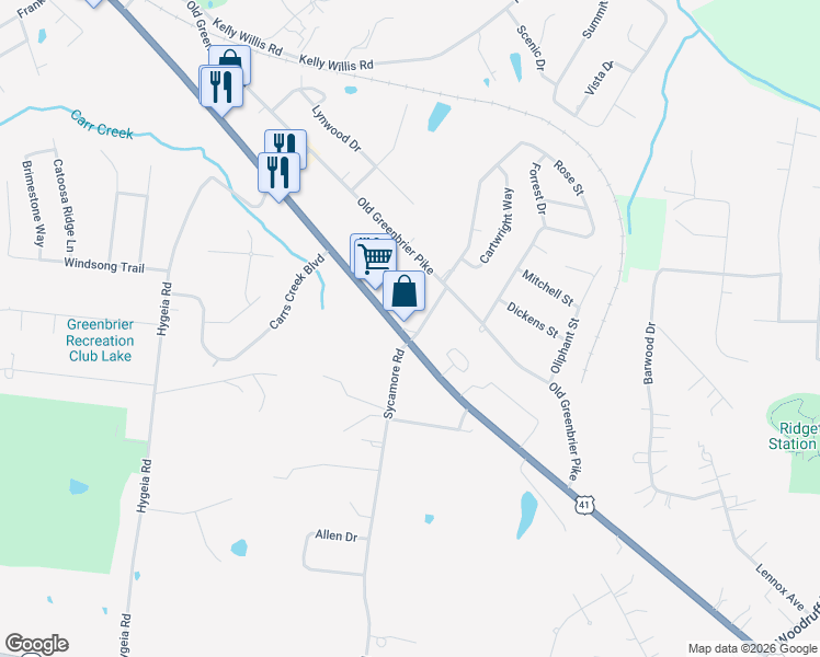 map of restaurants, bars, coffee shops, grocery stores, and more near 108 Billy Robb Street in Greenbrier
