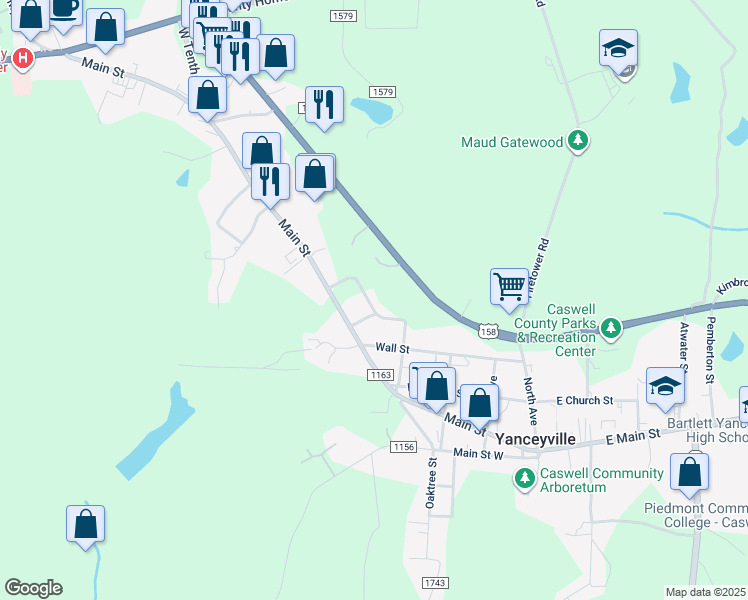 map of restaurants, bars, coffee shops, grocery stores, and more near 380 Parkway Drive in Yanceyville