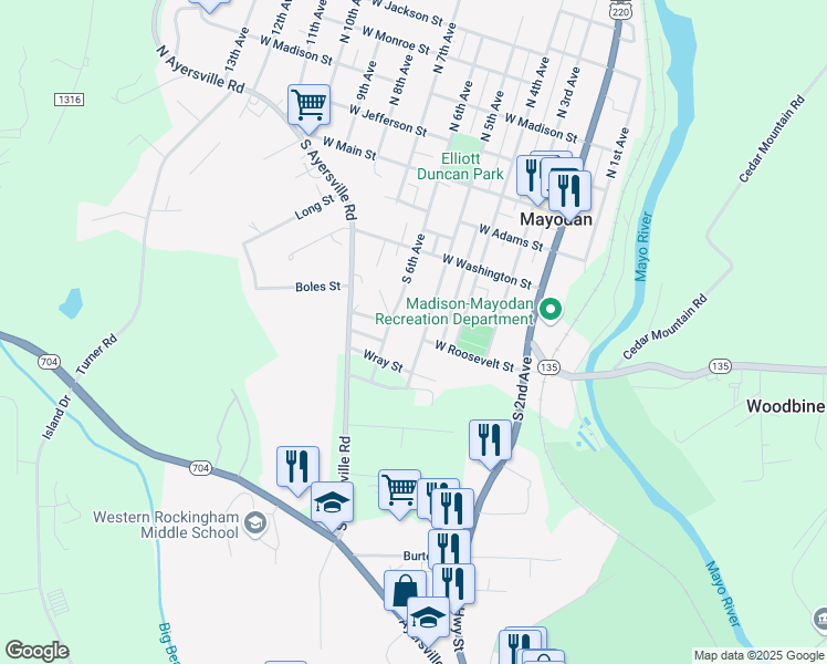 map of restaurants, bars, coffee shops, grocery stores, and more near 324 South 5th Avenue in Mayodan