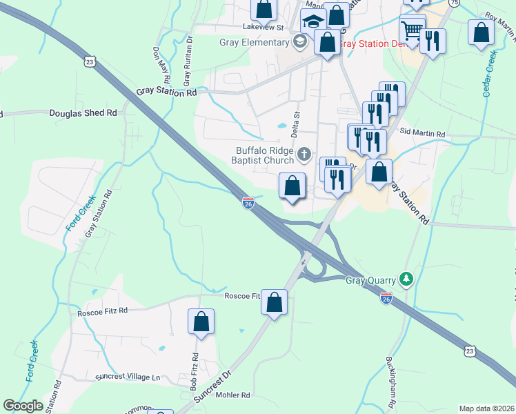 map of restaurants, bars, coffee shops, grocery stores, and more near U.S. 23 in Gray