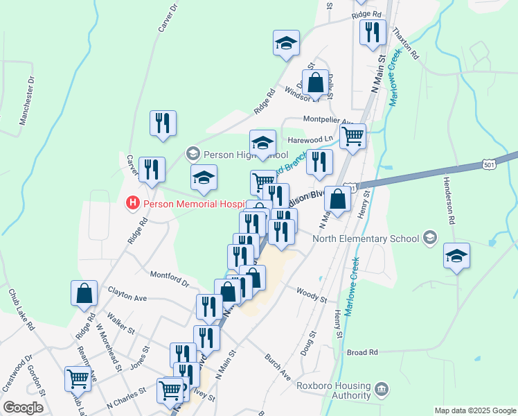 map of restaurants, bars, coffee shops, grocery stores, and more near 1005 North Madison Boulevard in Roxboro
