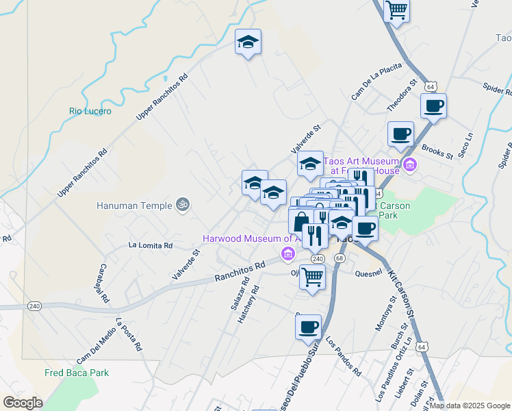 map of restaurants, bars, coffee shops, grocery stores, and more near 305 Don Fernando Street in Taos