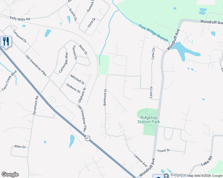 map of restaurants, bars, coffee shops, grocery stores, and more near 2539 Barwood Drive in Greenbrier
