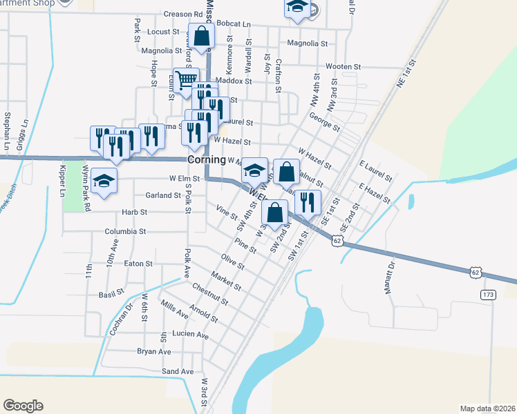 map of restaurants, bars, coffee shops, grocery stores, and more near 404 Southwest 4th Street in Corning