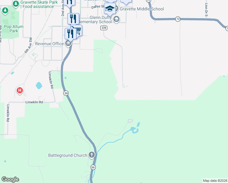 map of restaurants, bars, coffee shops, grocery stores, and more near 503 El Paso Street Southeast in Gravette